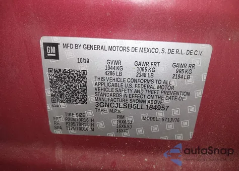 2020 Chevrolet Trax Fwd Lt из США, поврежденный, VIN 3GNCJLSB5LL184957